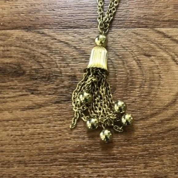 Vintage Gold Tone Tassel Necklace Chain with Beads Long Elegant‎ Jewelry - Picture 2 of 6